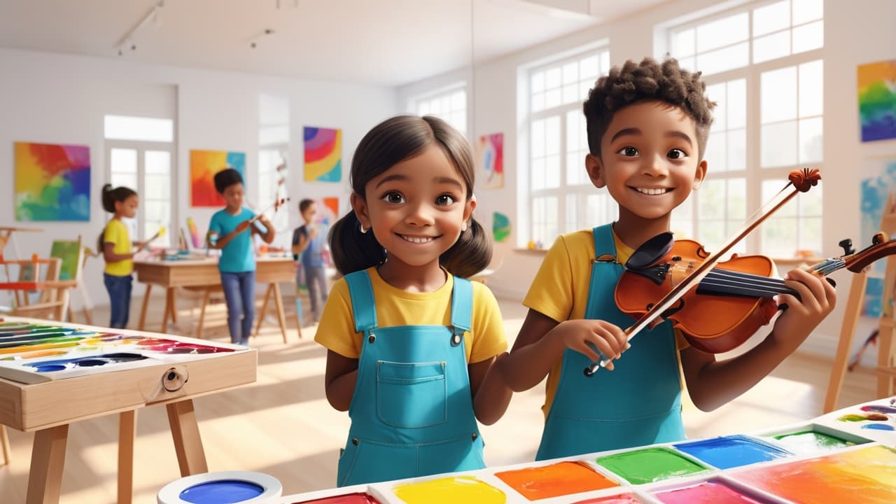 Ученики детской школы искусств на занятии музыкой и рисованием